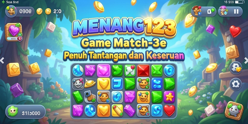 Screenshot MENANG123 menampilkan gameplay Match-3 yang seru dan penuh warna.