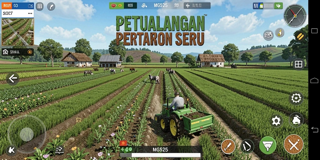 Screenshot gameplay MG525 menunjukkan kebun yang subur dan hewan peliharaan yang lucu.