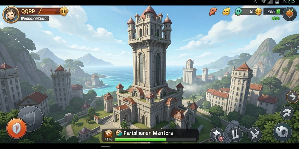 Screenshot gameplay QQRP menampilkan aksi menara di tengah serangan musuh.