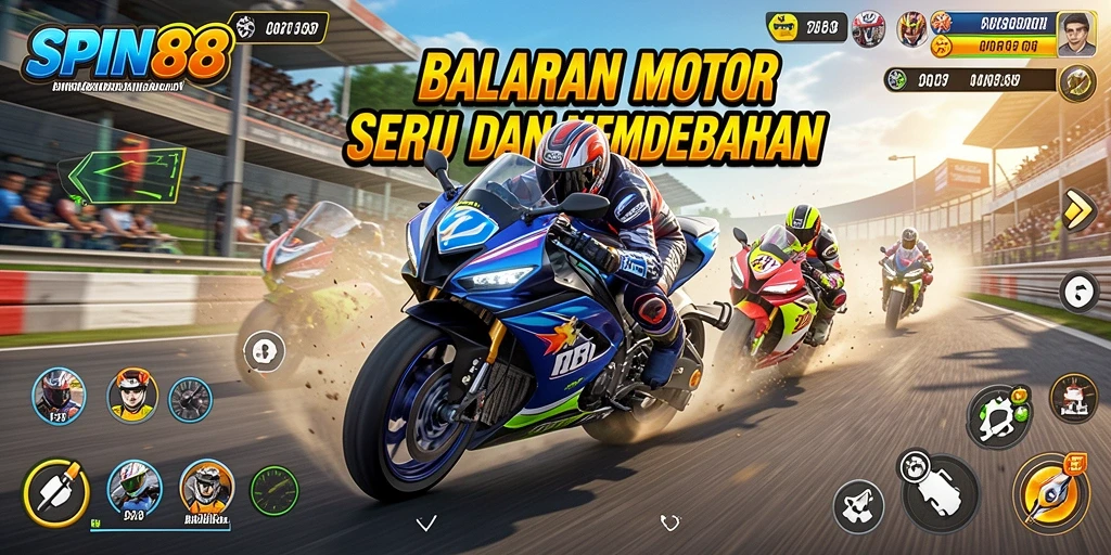 Screenshot gameplay SPIN88 menampilkan balapan motor yang mendebarkan.